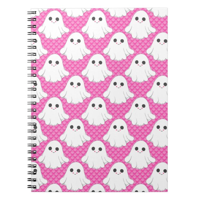 Caderno Espiral Cute Pink Ghost Pattern Kawaii Halloween Spiral  (Frente)