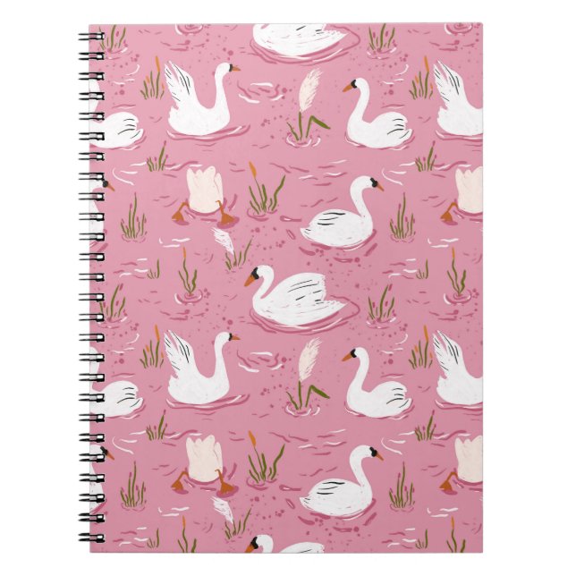 Caderno Espiral Cute Pink Swan Seamless Pattern (Frente)