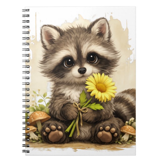 Caderno Espiral Cute Raccoon Flower Notebook – Kawaii Animal (Frente)