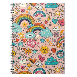 Caderno Espiral Cute Rainbow Doodle Pattern