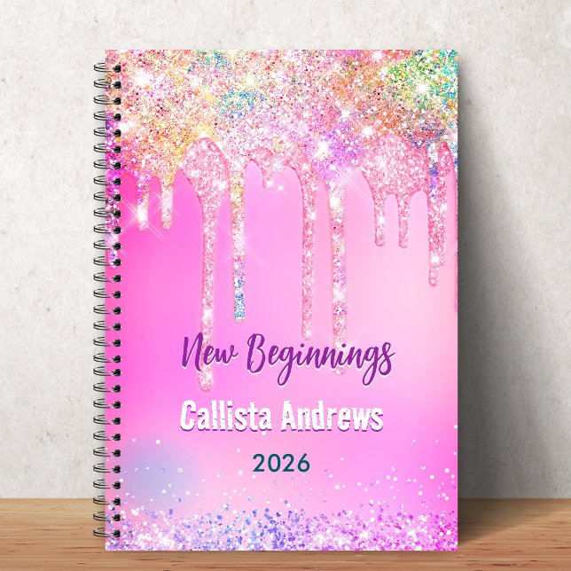 Caderno Espiral Cute Rainbow unicorn Glitter Drips pink monogram (Criador carregado)