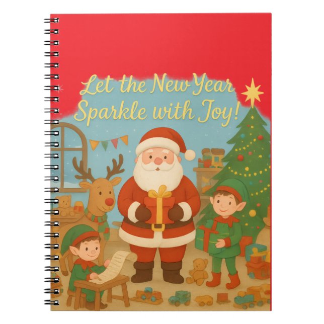 Caderno Espiral Cute Santa & Elves New Year Holiday Card (Frente)