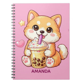 Caderno Espiral  Cute Shiba Inu Dog Drinking Bubble Tea Add Name