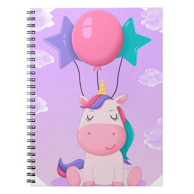 Caderno Espiral Cute Sitting Unicorn and Balloons Lilac (Frente)