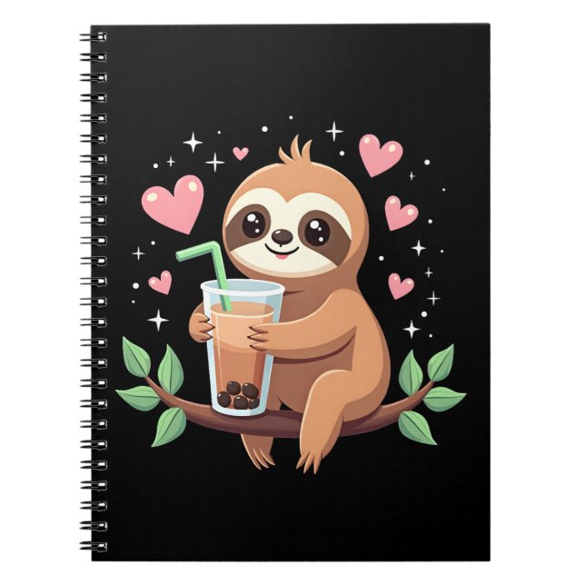 Caderno Espiral Cute Sloth Boba Bubble Milk Tea Kawaii Women Girls (Frente)