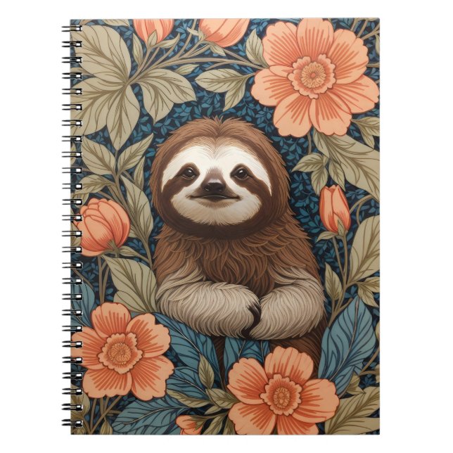Caderno Espiral Cute Sloth Elegant Floral William Morris Inspired (Frente)