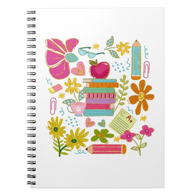 Caderno Espiral Cute Teacher Doodle Art – Books, Flowers & School (Frente)