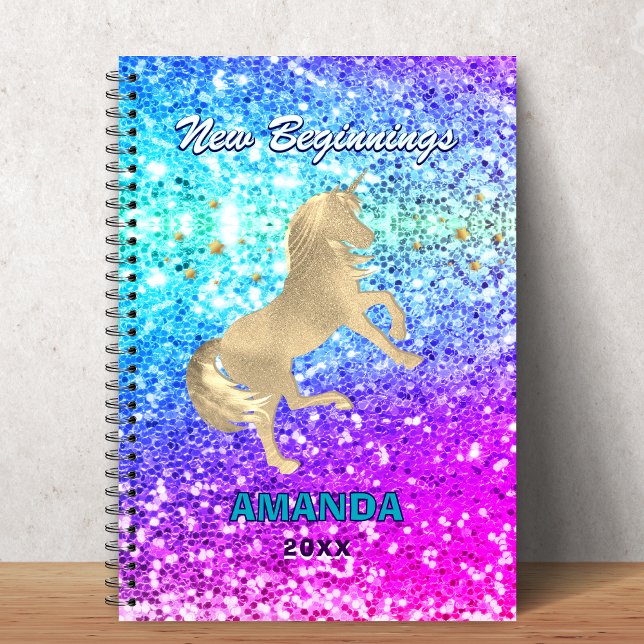 Caderno Espiral Cute unicorn pink aqua faux glitter custom (Criador carregado)