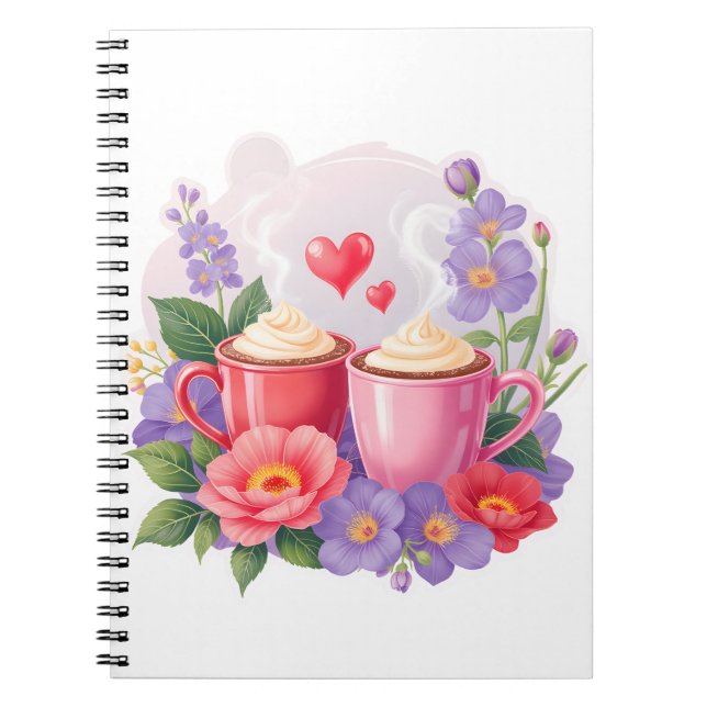 Caderno Espiral Cute Valentine Cocoa Mugs with Flowers & Hearts (Frente)