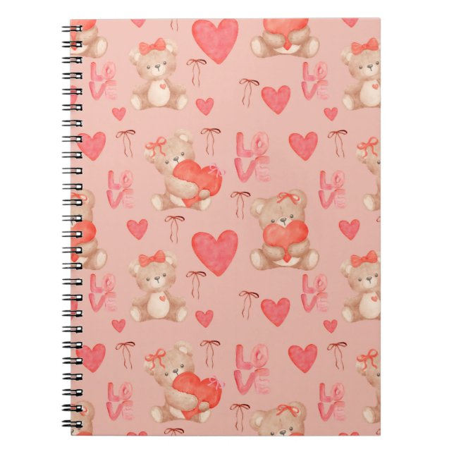 Caderno Espiral Cute Valentines Brown Teddy Bear Seamless Pattern (Frente)