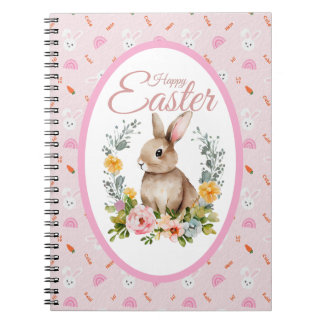 Caderno Espiral Cute Watercolor Bunny Floral Wreath Easter