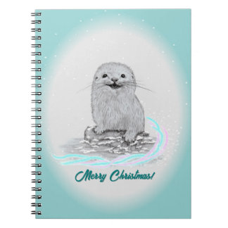 Caderno Espiral Cute White Baby Sea Otter , Merry Christmas