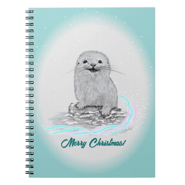 Caderno Espiral Cute White Baby Sea Otter , Merry Christmas (Frente)