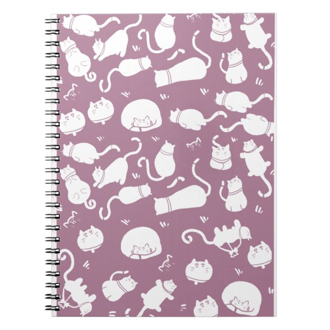 Caderno Espiral Cute White Cats Pattern on Mauve Background (Frente)