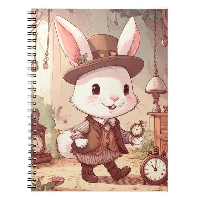 Caderno Espiral Cute White Rabbit Wonderland Whimsical Timekeeper (Frente)