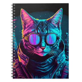 Caderno Espiral Cyberpunk neon twilight cat óculos do soldado negr