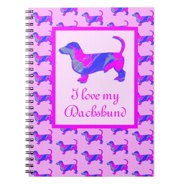 Caderno Espiral Dachshund / Cachorro-Daxie Lover Rosa & Azul Silho (Frente)