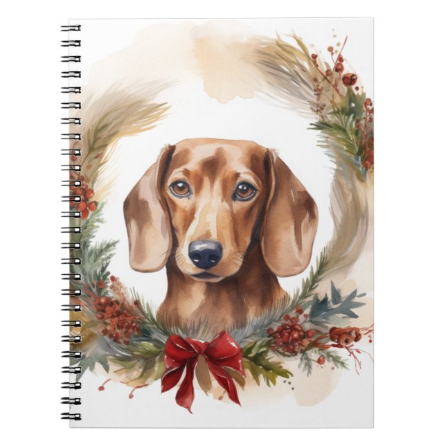 Caderno Espiral Dachshund Christmas Wreath Festivo Pup (Frente)