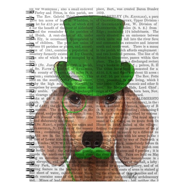 Caderno Espiral Dachshund com chapéu verde e bigode (Frente)