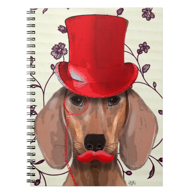Caderno Espiral Dachshund Com Chapéu Vermelho Superior (Frente)