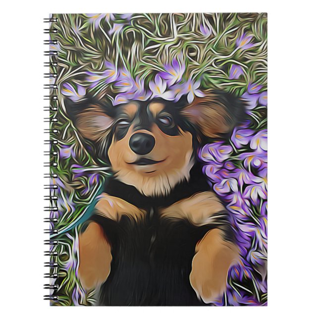 Caderno Espiral Dachshund Deitado Em Flores Roxas (Frente)