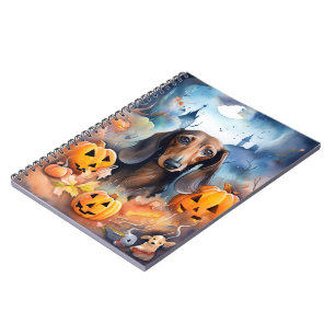 Caderno Espiral Dachshund Halloween com Abóboras Assustador