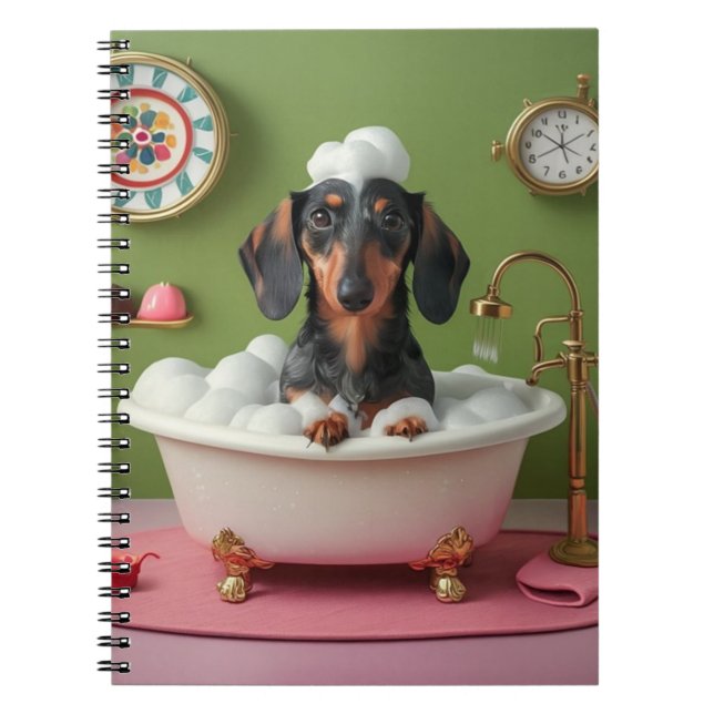 Caderno Espiral Dachshund Tomando Banho de Bolha em Tubo Pequeno (Frente)