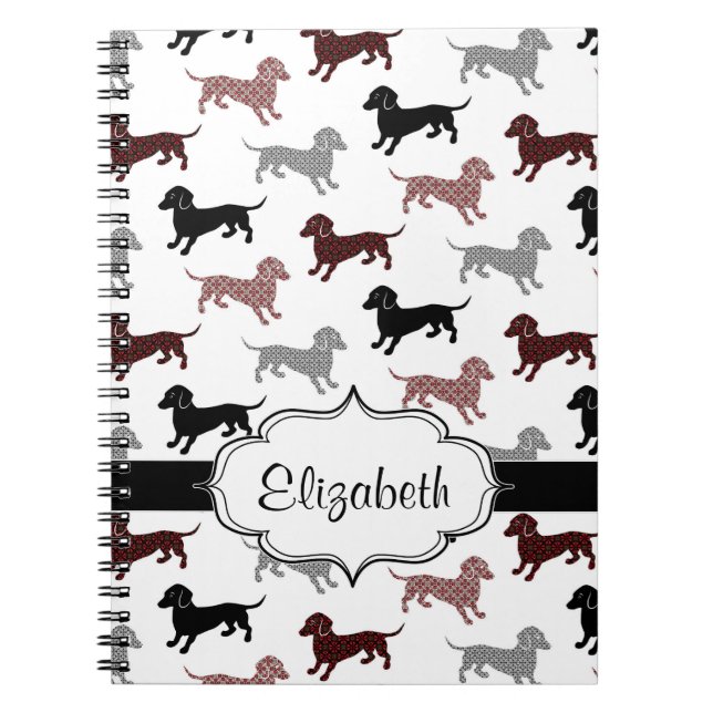 Caderno Espiral Dachshunds no teste padrão bonito do damasco (Frente)