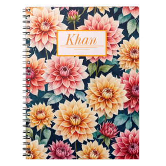 Caderno Espiral Dahlia flores padrão arte digital / personalizada