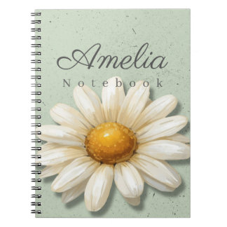 Caderno Espiral Daisy Floral Notebook Name | Sage Green Journal
