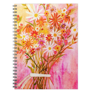 Caderno Espiral Daisy Flower Buquê Watercolor Pink