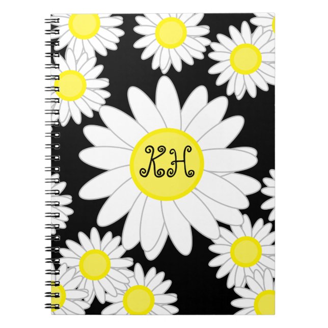 Caderno Espiral Daisy Monograma Preto Branco e Amarelo (Frente)