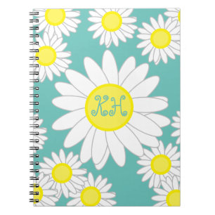 Caderno Espiral Daisy Monograma Teal Green White e Amarelo
