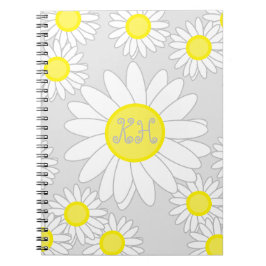 Caderno Espiral Daisy Monogramas Cinzas prateadas brancas e amarel