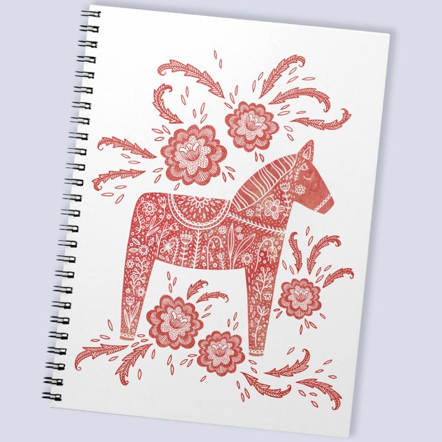 Caderno Espiral Dala Horse Red e White Suecos (Swedish Dala Horse red and white folk art notebook)