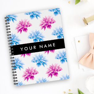 Caderno Espiral Dália Rosa e Azul, Padrão Floral, Seu Nome