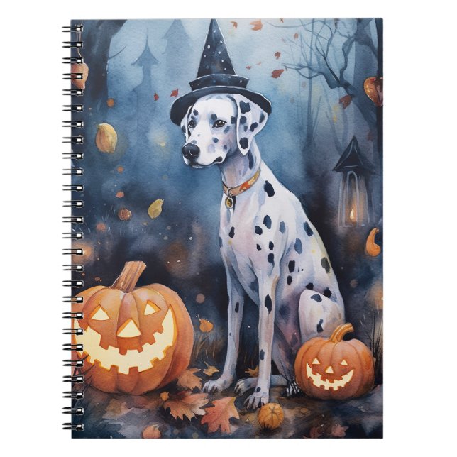 Caderno Espiral Dalmama de Halloween com Pumpkins assustado (Frente)