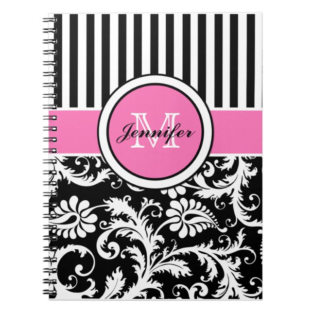 Caderno Espiral Damasco branco-preto-rosa personalizado (Frente)