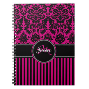 Caderno Espiral Damasco branco-preto-rosa personalizado