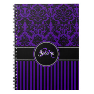 Caderno Espiral Damasco branco roxo personalizado, branco esticado