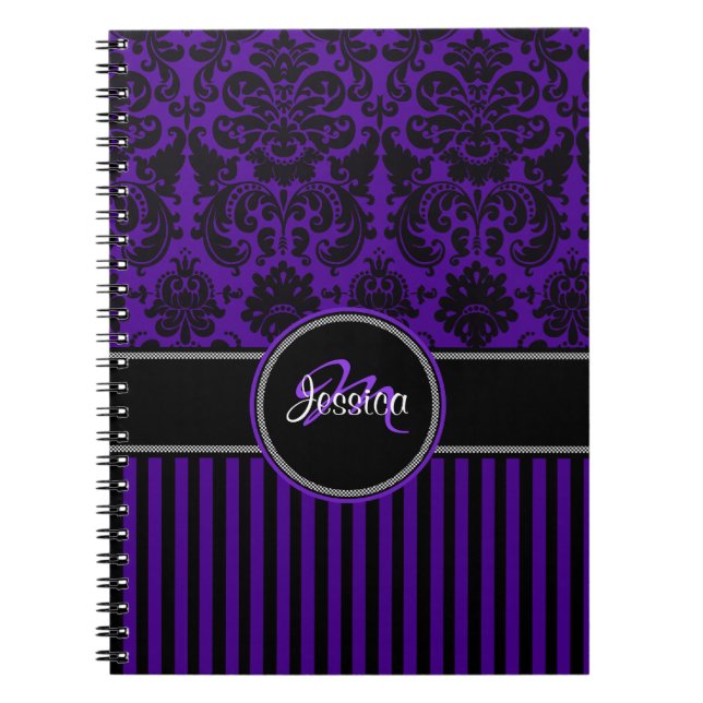 Caderno Espiral Damasco branco roxo personalizado, branco esticado (Frente)