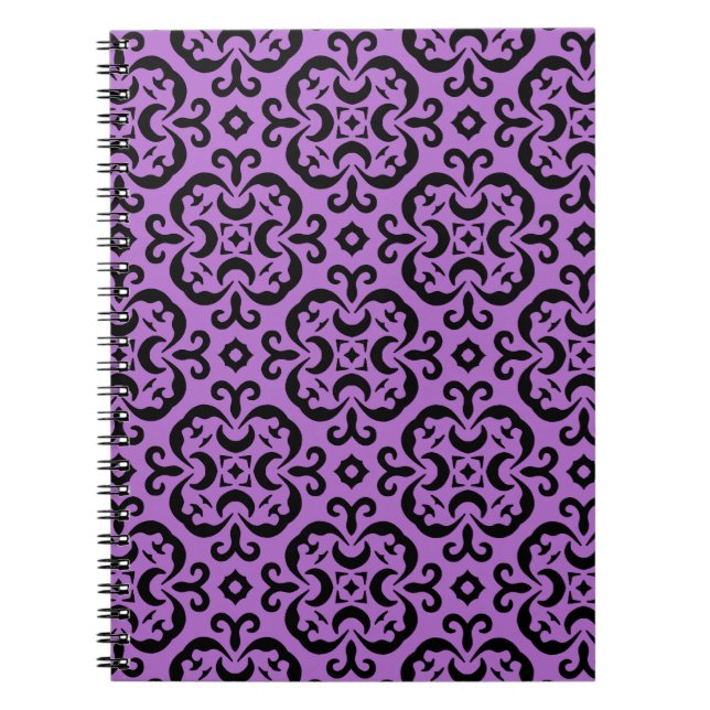Caderno Espiral Damasco caleidoscópico preto-e-roxo vitoriano (Frente)