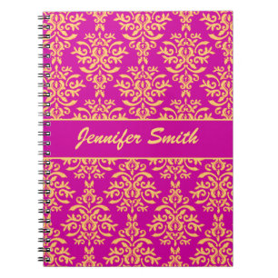 Caderno Espiral Damasco elegante do ouro e da magenta do rosa