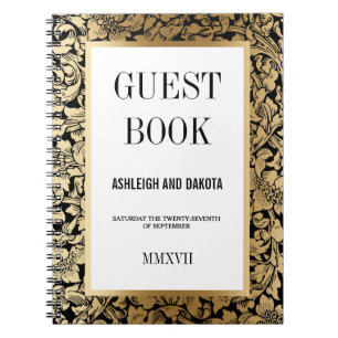 Caderno Espiral Damasco floral dourado do Guestbook do casamento