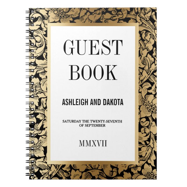 Caderno Espiral Damasco floral dourado do Guestbook | do casamento (Frente)
