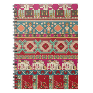 Caderno Espiral Damasco, floral e geométrico com patchwo colorido