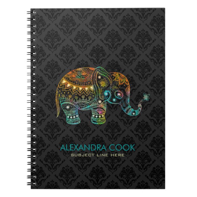 Caderno Espiral Damasco Negro Elefante Floral Colorido 2 (Frente)