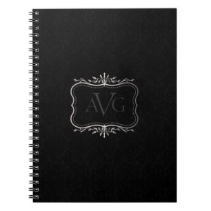 Caderno Espiral Damasco preto com design de moldura prateada vinta