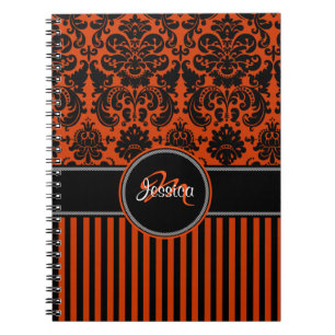 Caderno Espiral Damasco Preto Laranja Personalizado, Branco Estimu