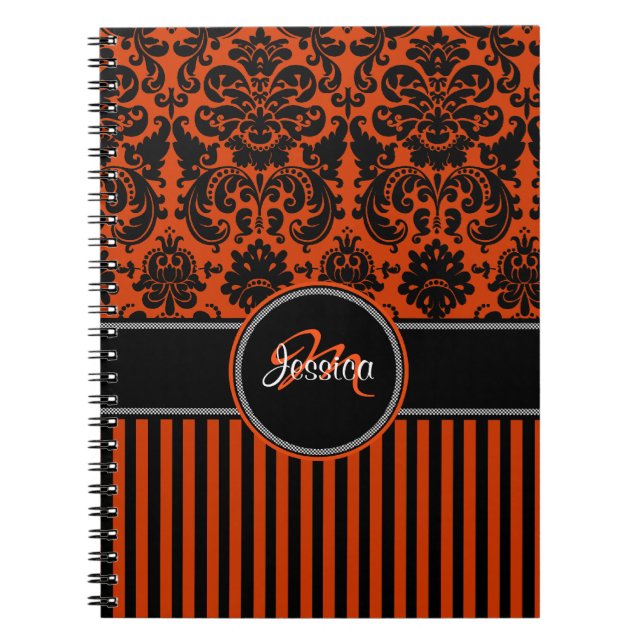 Caderno Espiral Damasco Preto Laranja Personalizado, Branco Estimu (Frente)